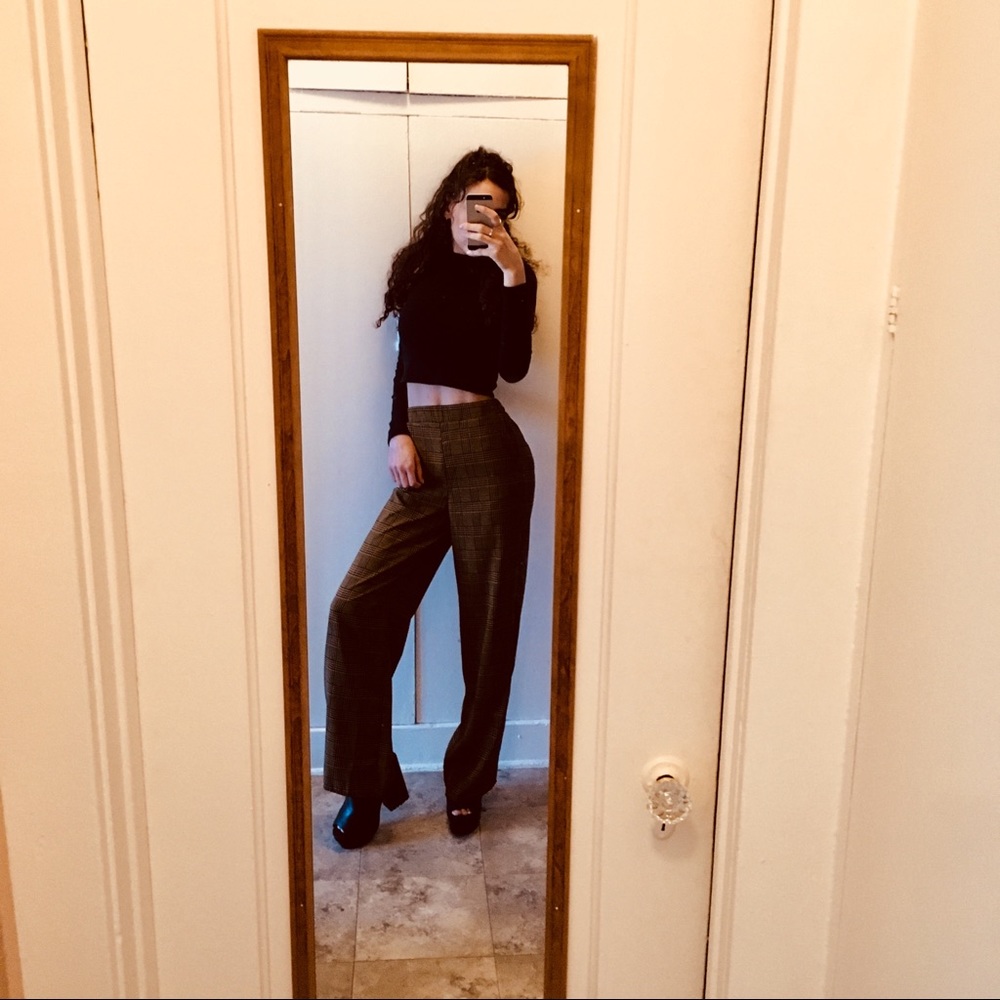 brown plaid wide leg trousers